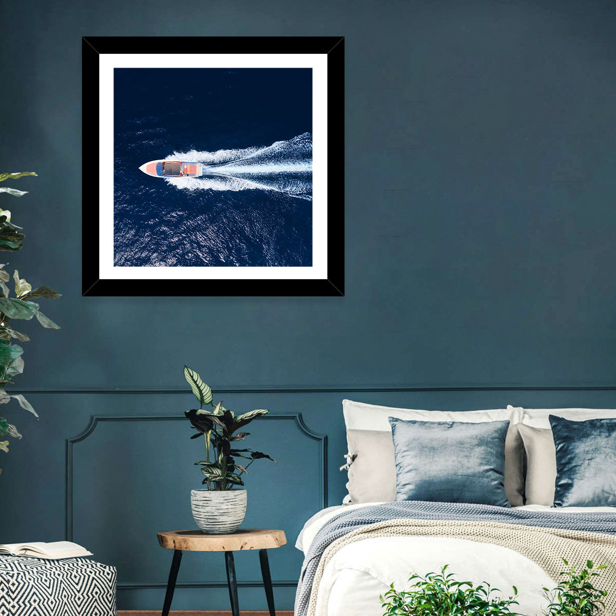 Sleek Speedboat Over Navy Sea Wall Art in a room, square