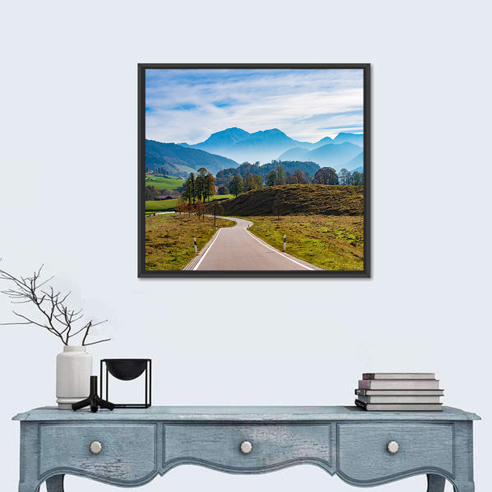 Bavarian Mountain Valley Wall Art in a room, square