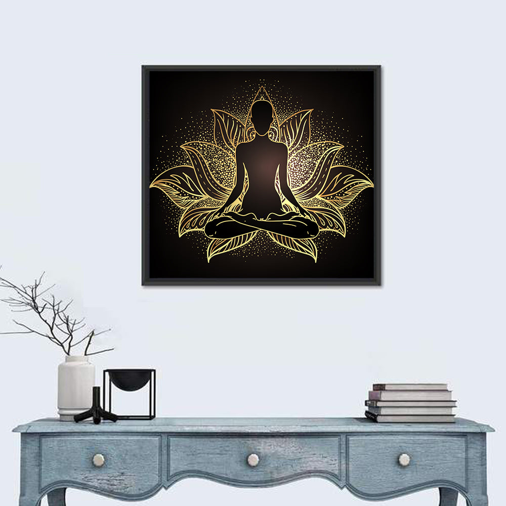 Golden Chakra Silhouette Wall Art in a room, square
