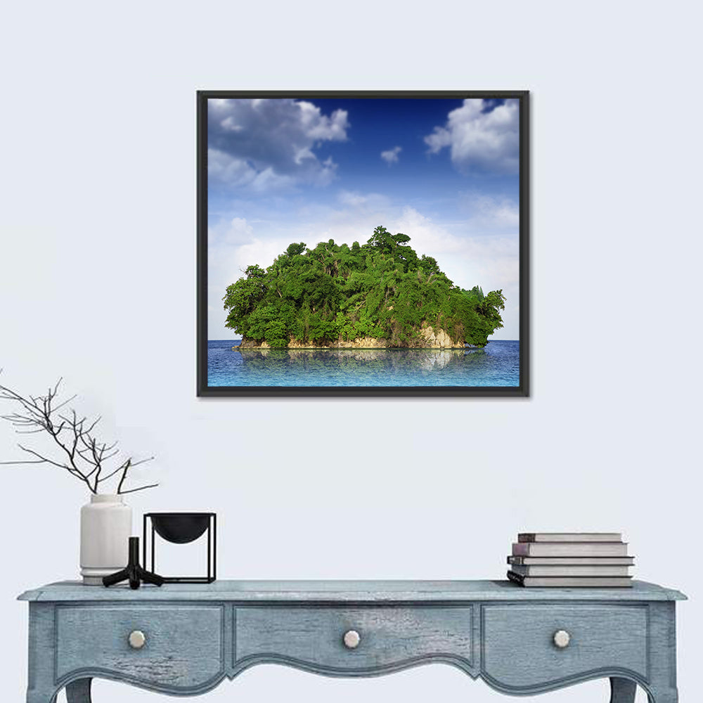 Tranquil Tropical Island Reflection Wall Art in a room, square