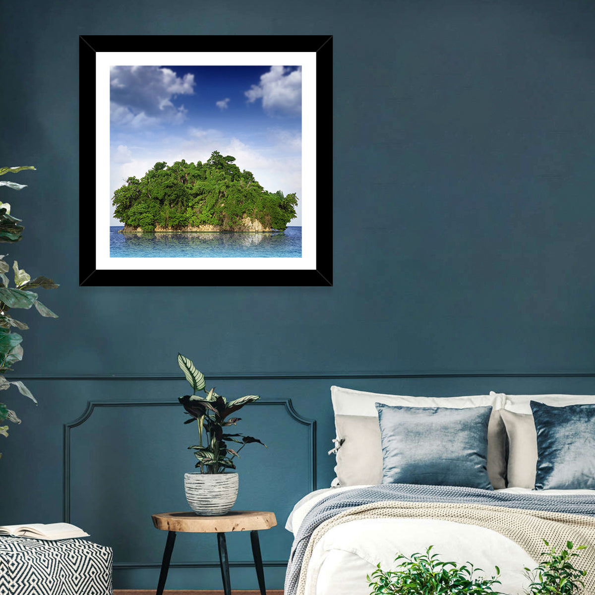Tranquil Tropical Island Reflection Wall Art in a room, square