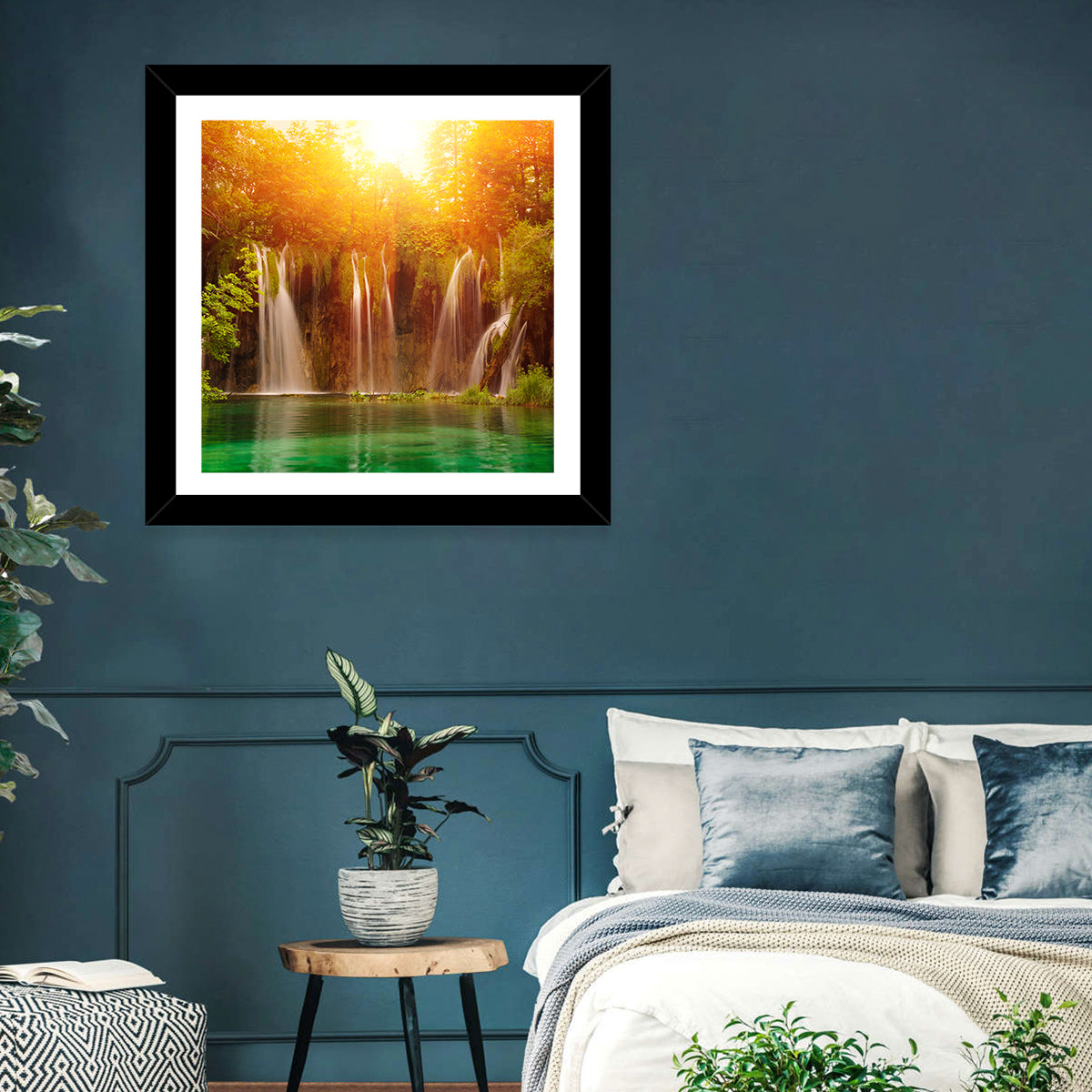 Plitvice Lakes Waterfalls Wall Art in a room, square
