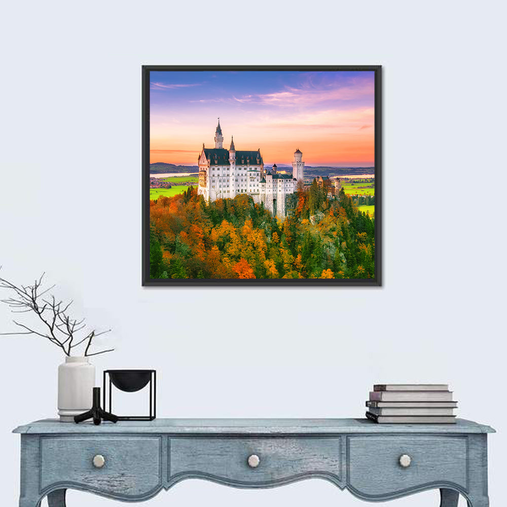 Neuschwanstein Castle at Autumn Sunset Wall Art in a room, square