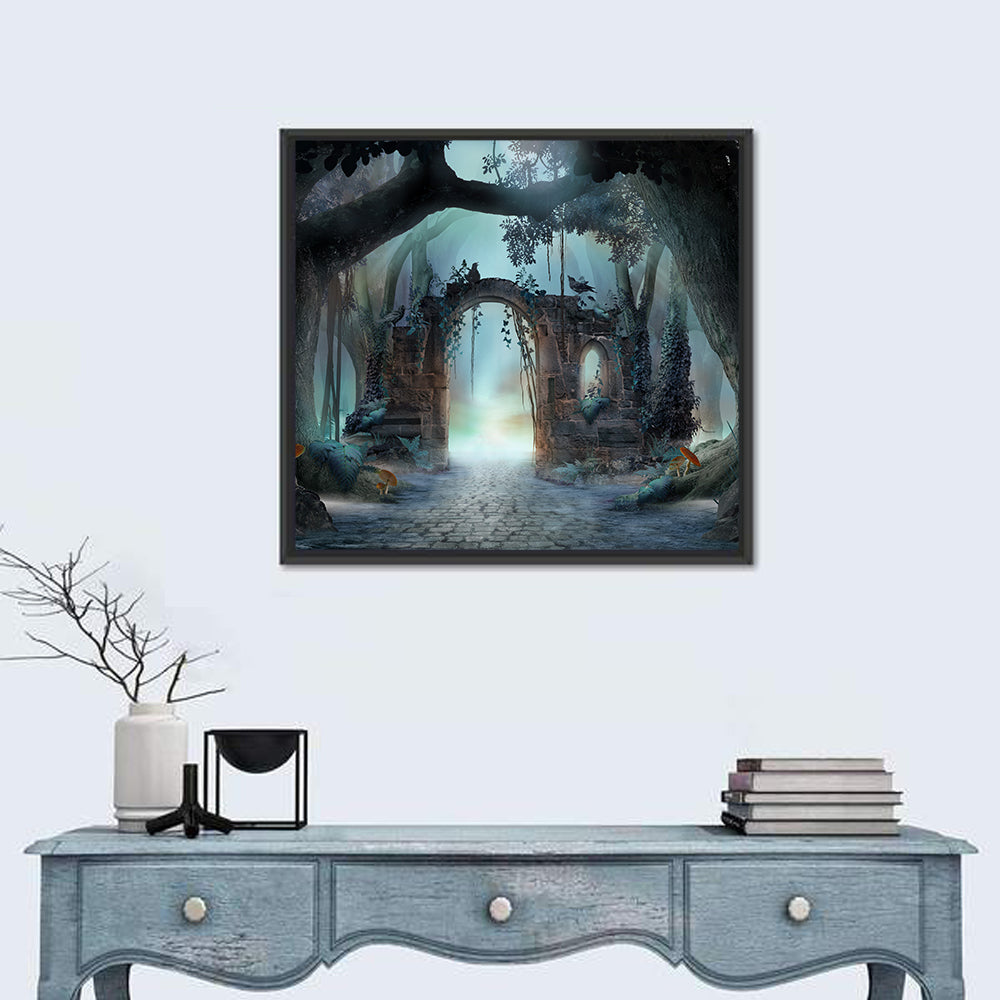 Enchanted Foggy Forest Wall Art in a room, square