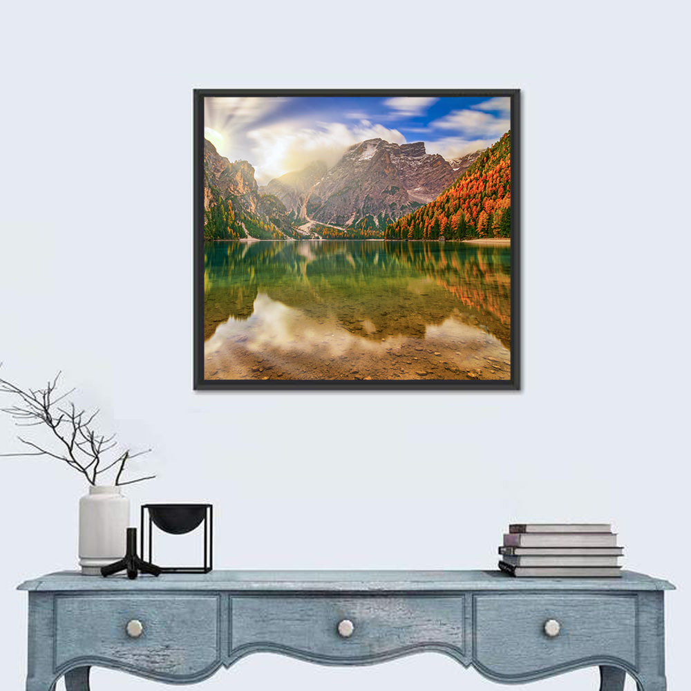 Lago Di Braies Sunrise Wall Art in a room, square
