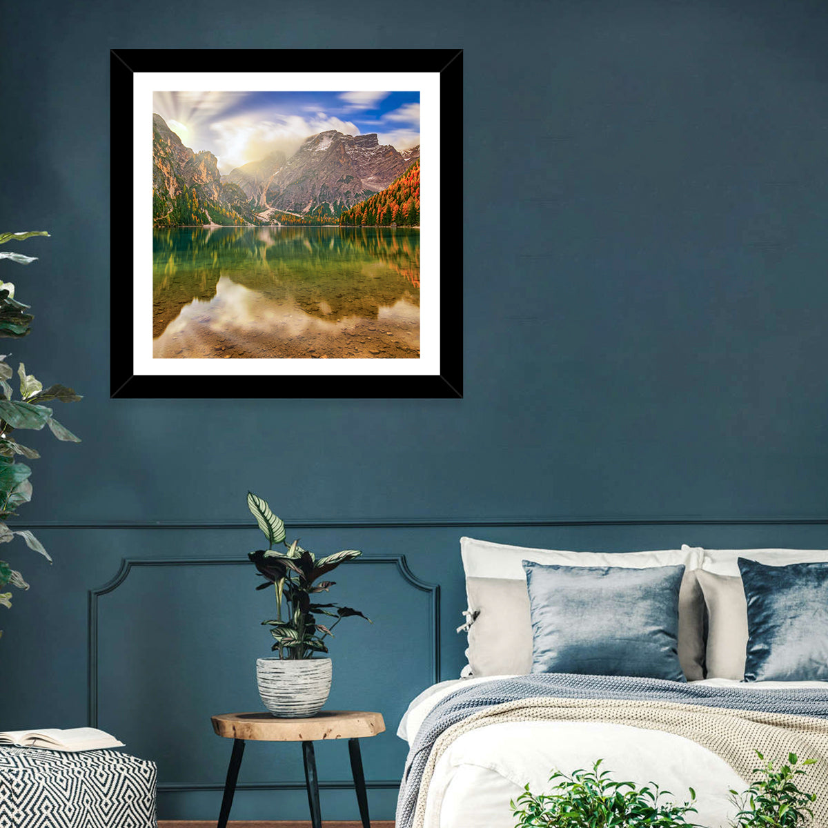 Lago Di Braies Sunrise Wall Art in a room, square