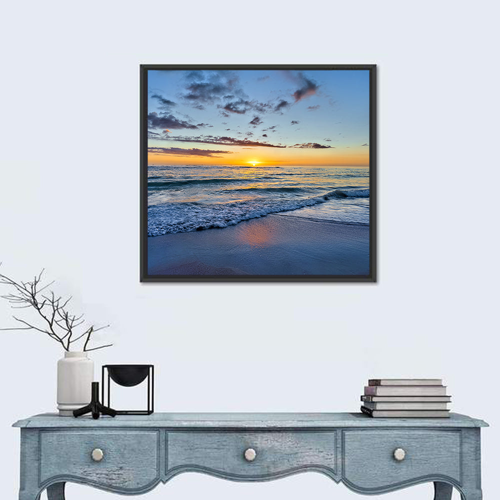 Foamy Waves at Golden Sunset Wall Art in a room, square