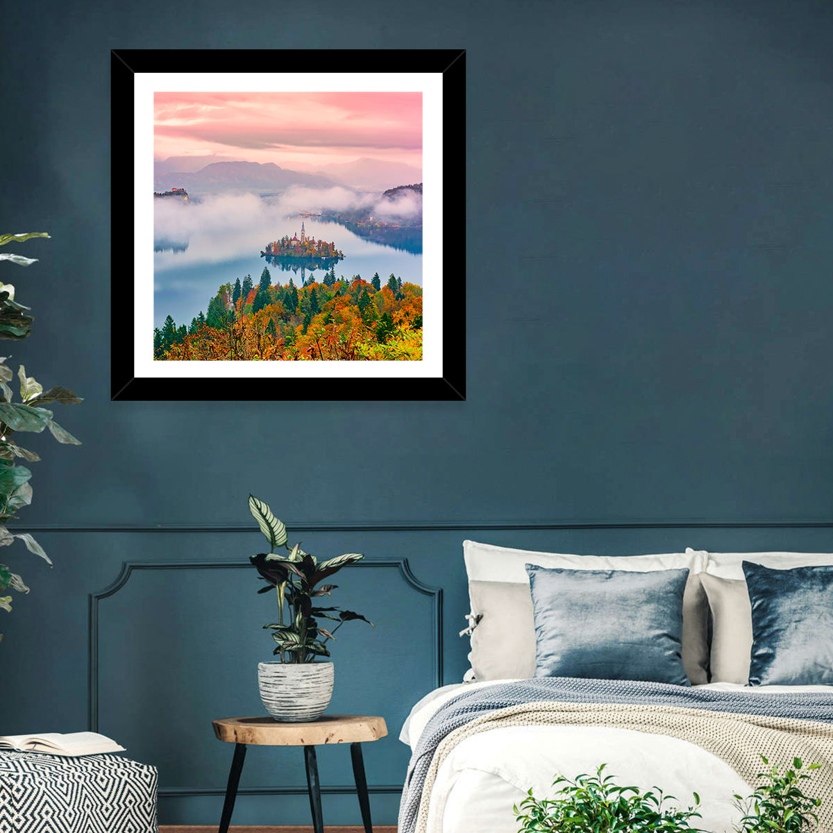 Misty Morning Over Lake Bled Wall Art in a room, square