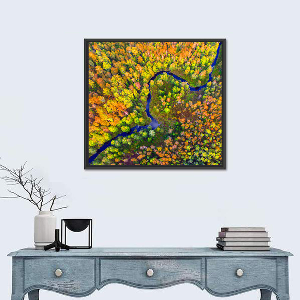 Winding Autumn River Wall Art in a room, square