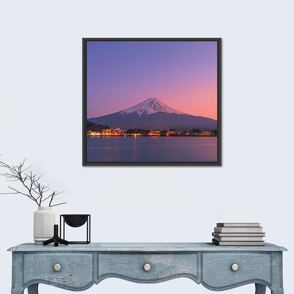 Mount Fuji Over Lake Kawaguchi Wall Art in a room, square