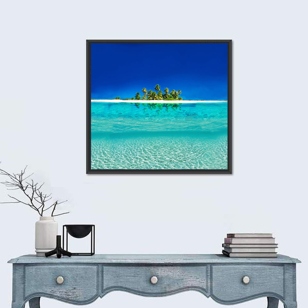 Tranquil Split-level Tropical Island Seascape Wall Art in a room, square
