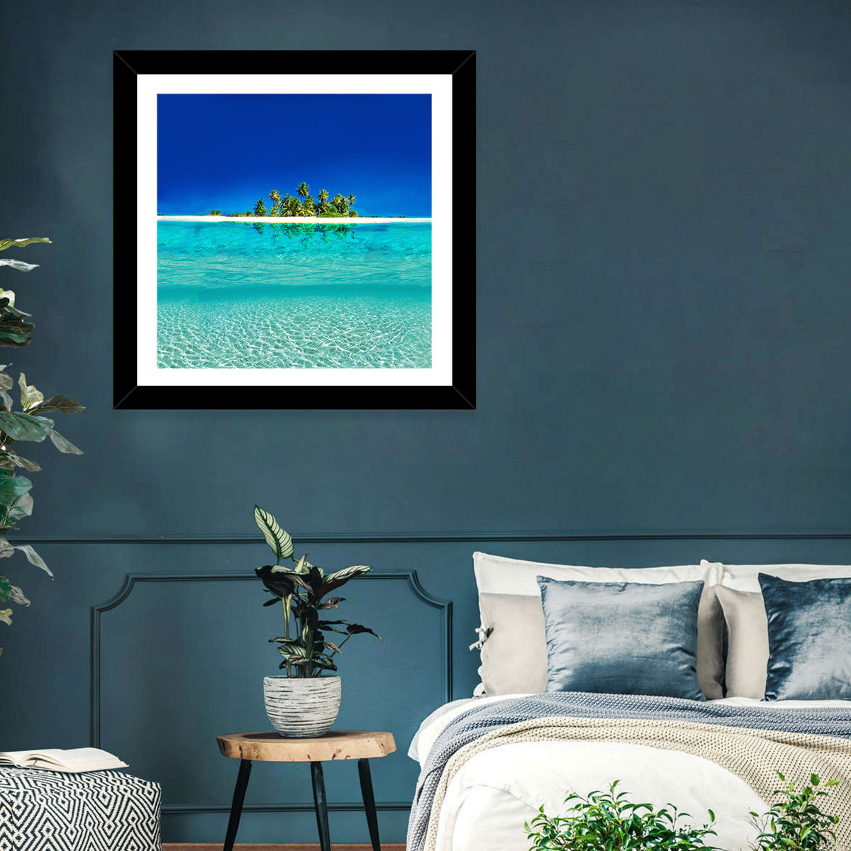 Tranquil Split-level Tropical Island Seascape Wall Art in a room, square