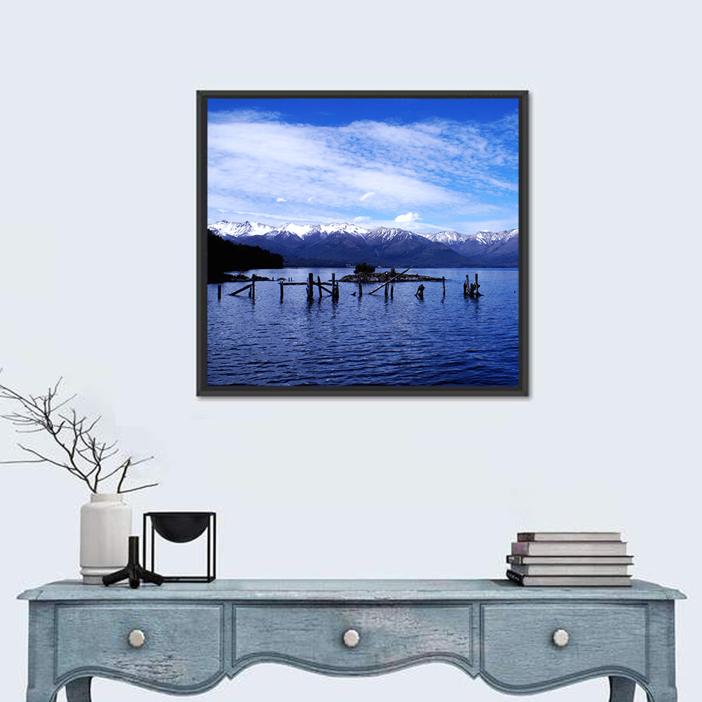 Nahuel Huapi Lake with Wooden Pilings Wall Art in a room, square