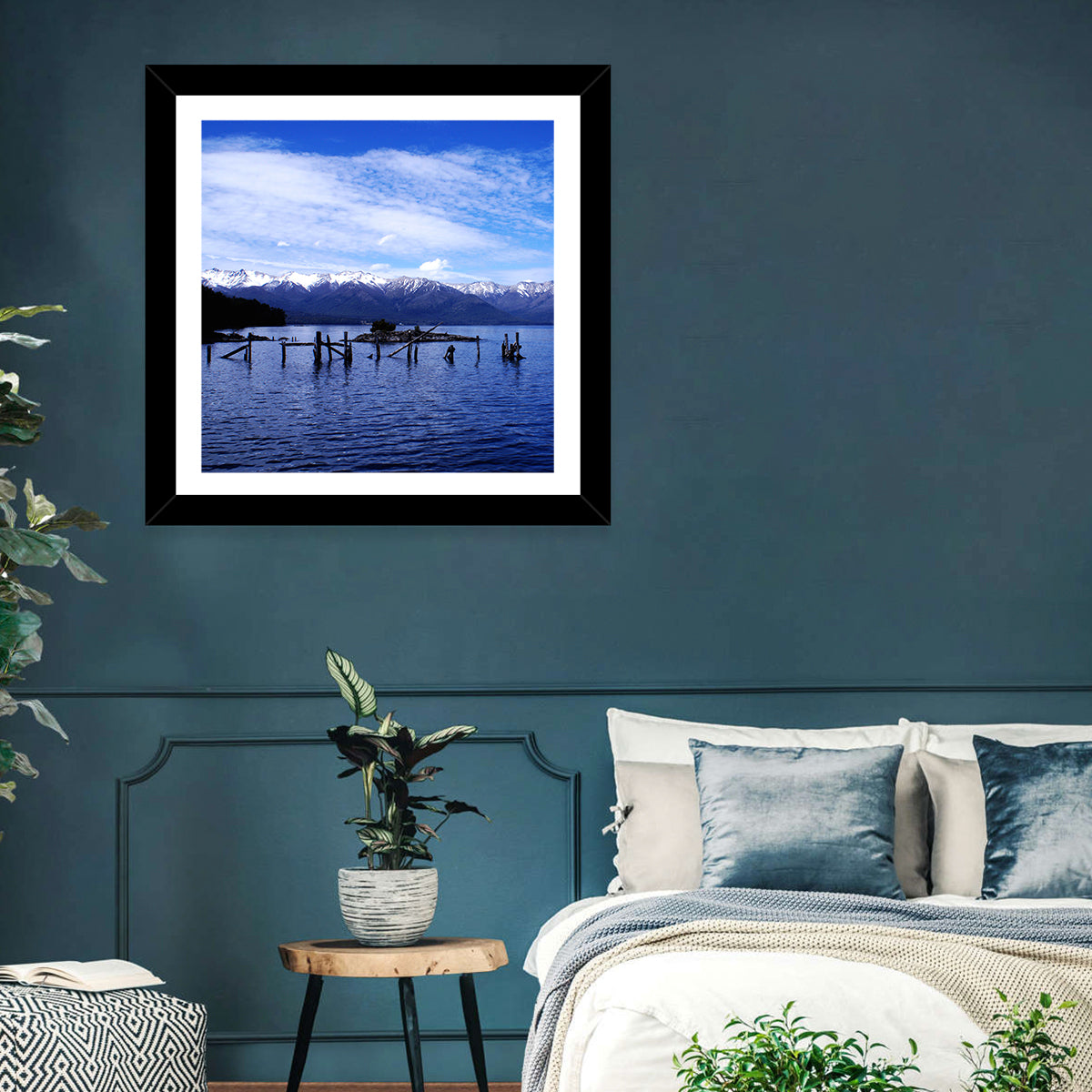 Nahuel Huapi Lake with Wooden Pilings Wall Art in a room, square