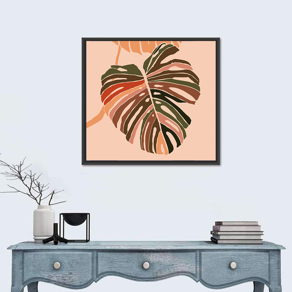 Monstera Leaf Abstract Wall Art in a room, square