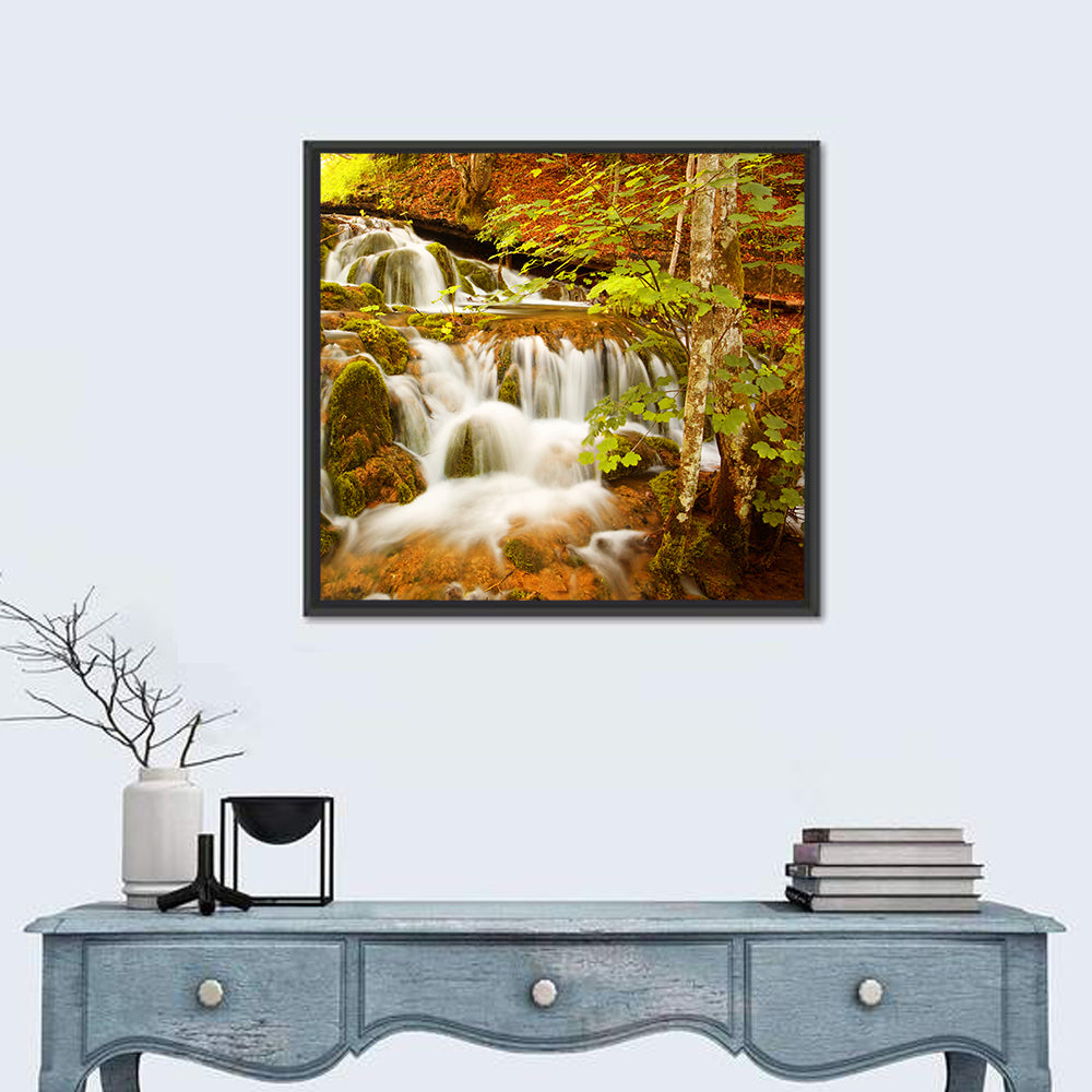 Plitvice Autumn Stream Wall Art in a room, square
