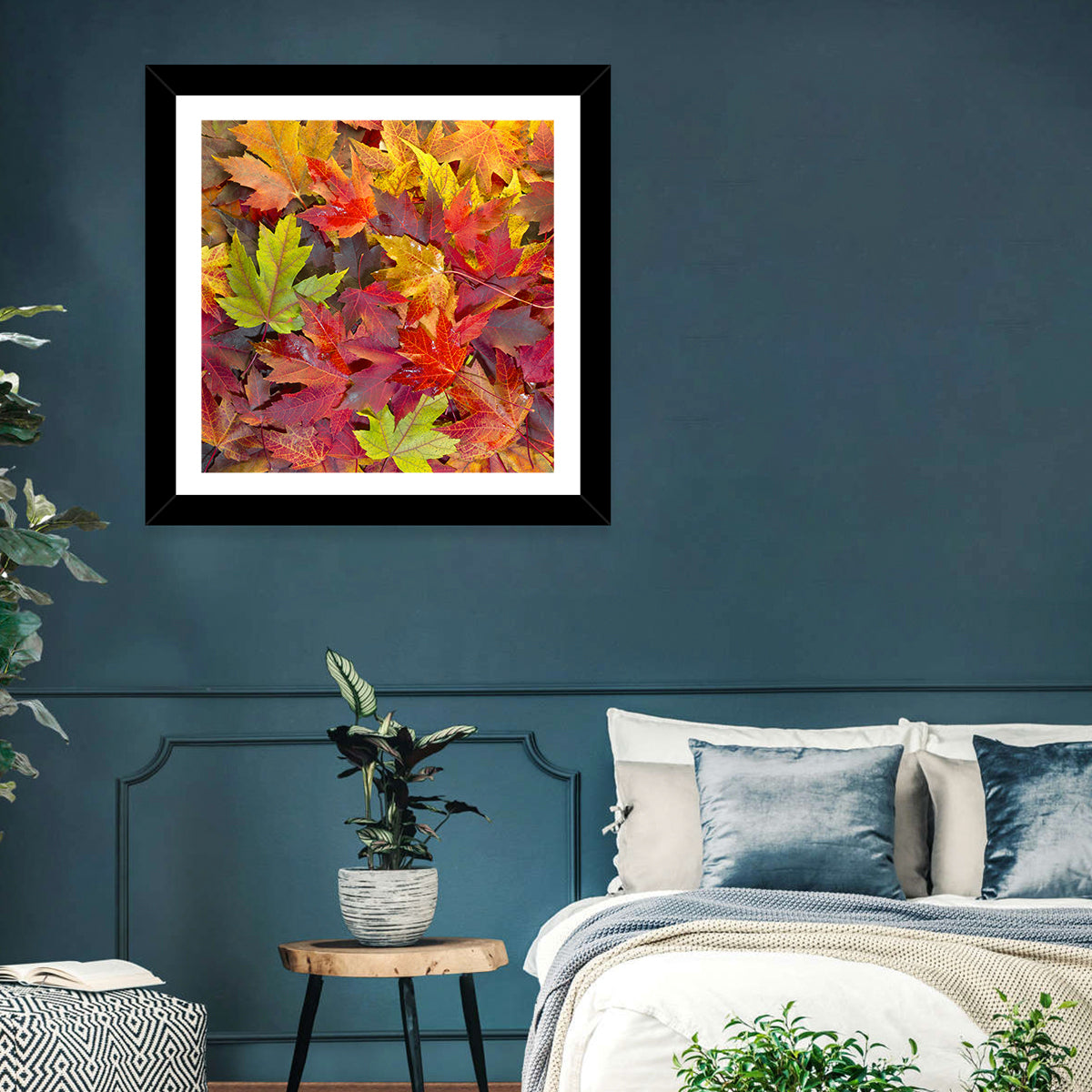 Autumn Maple Leaves Close-up Wall Art in a room, square