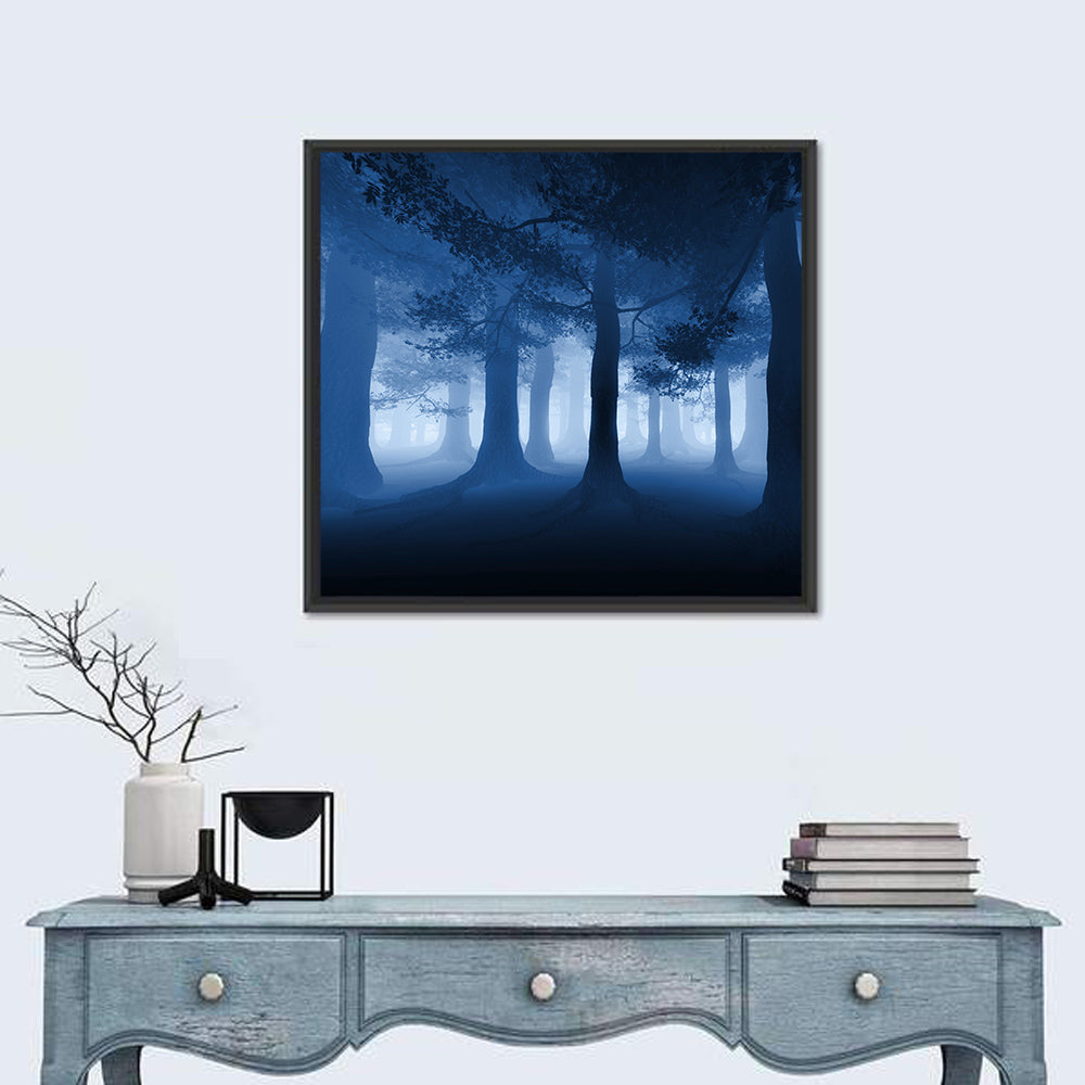 Midnight Blue Forest Wall Art in a room, square