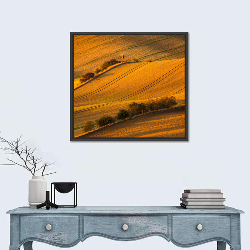 Golden Moravian Farm Tracks Wall Art in a room, square