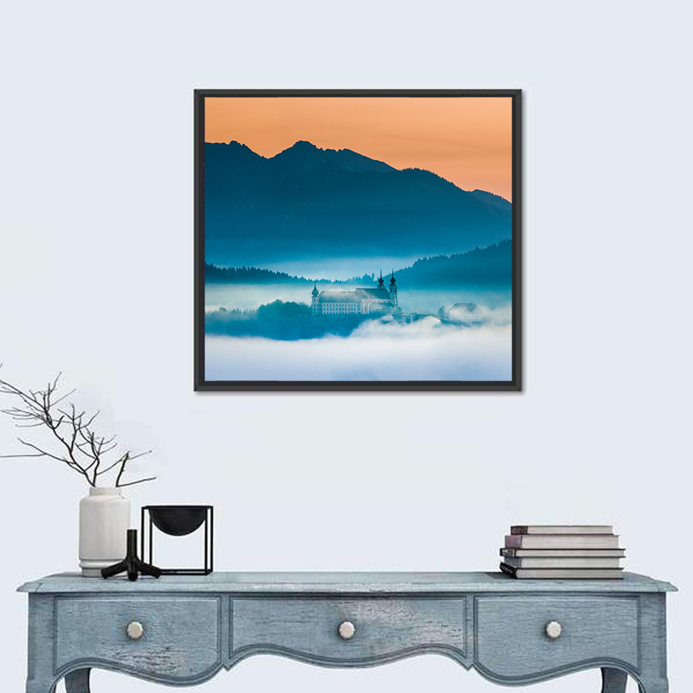 Benediktbeuern Abbey in Morning Fog Wall Art in a room, square