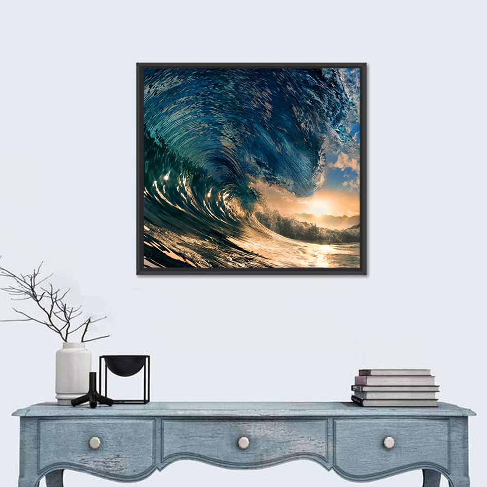 Sunset Barrel Wave Wall Art in a room, square