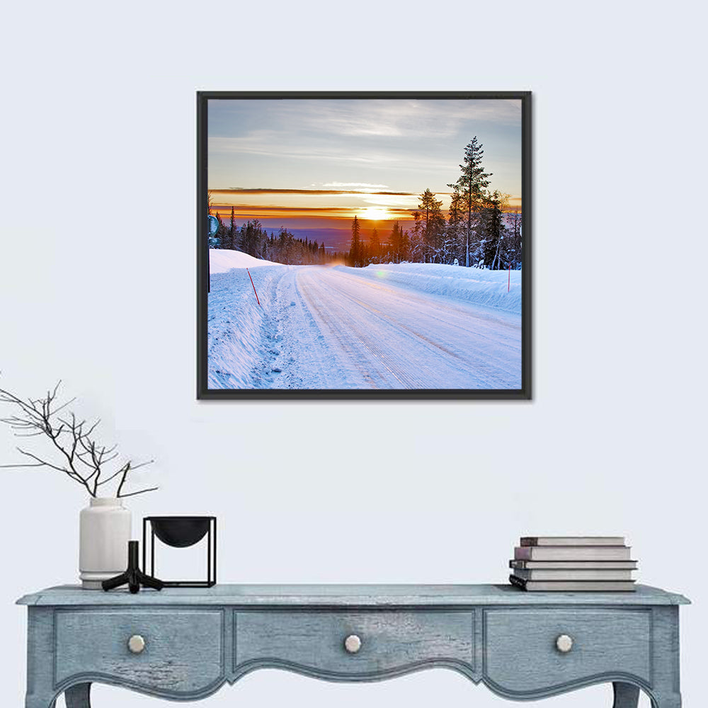 Snowy Road at Sunset Wall Art in a room, square