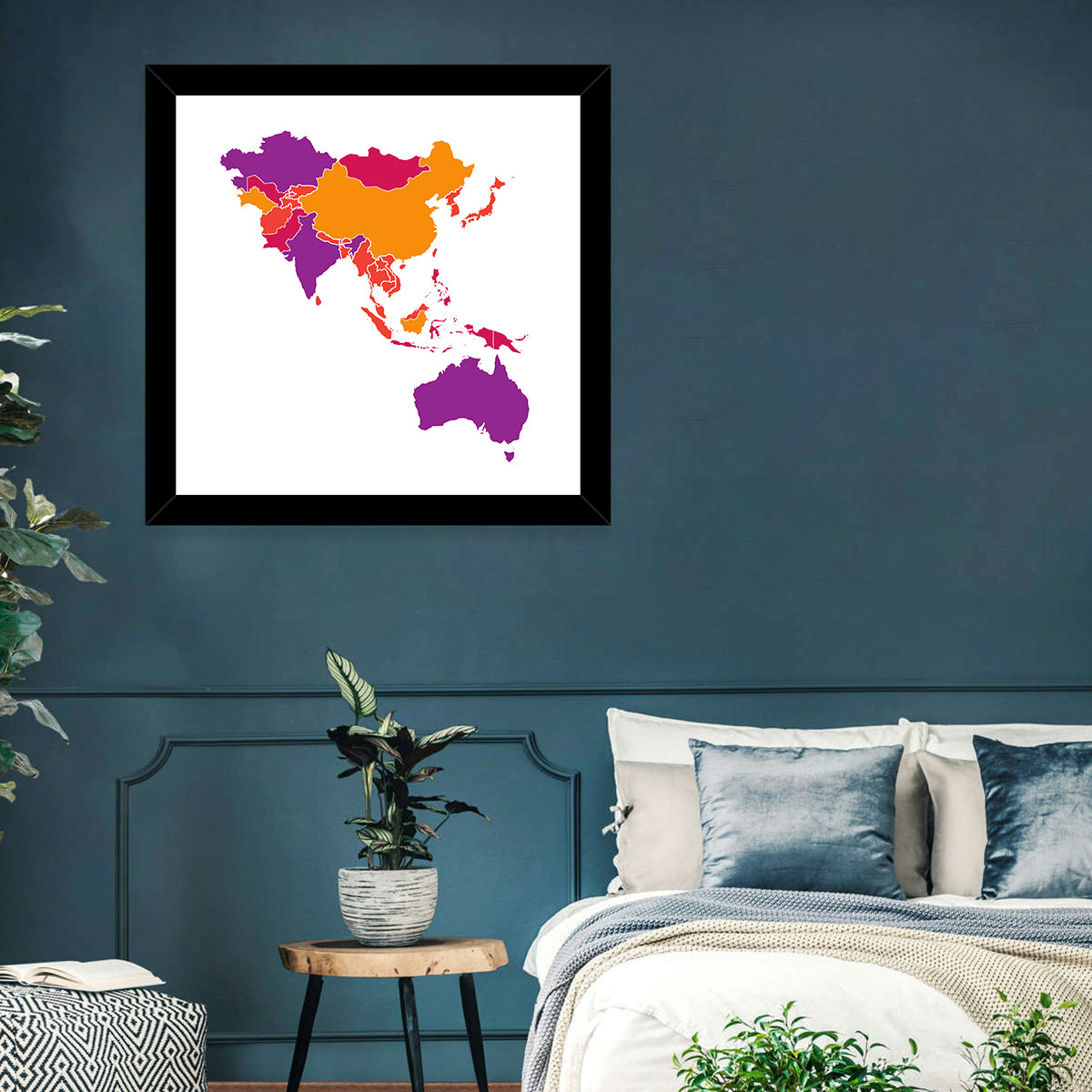 Stylized Asia Pacific Map Wall Art in a room, square