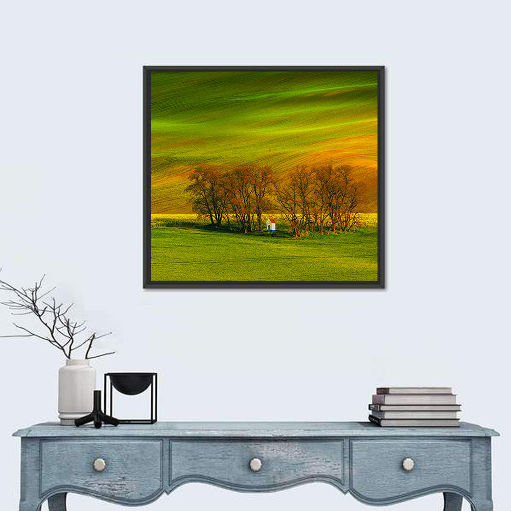 Moravian Wheat Fields with Chapel Wall Art in a room, square