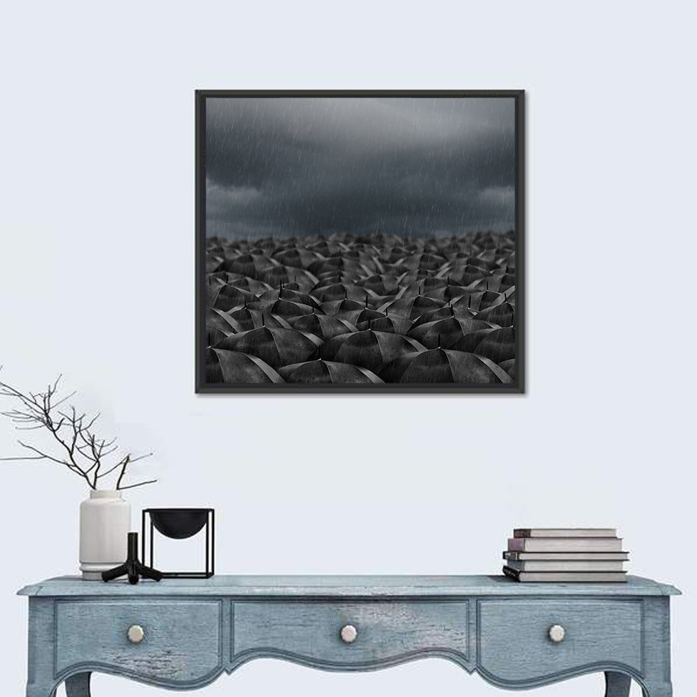 Clustered Umbrellas in Rain Wall Art in a room, square