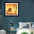 Golden Mist Tree Silhouettes with Crow Wall Art