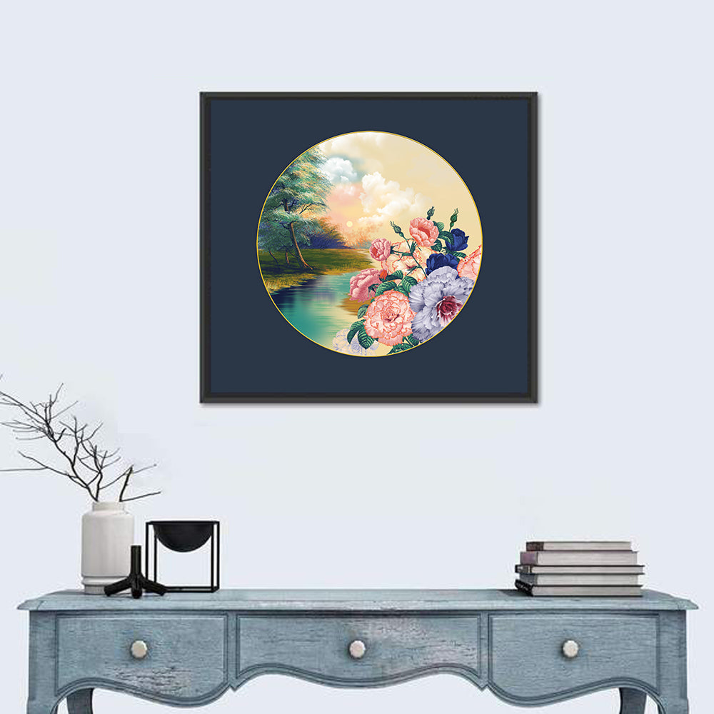 Golden Garden Circle Wall Art in a room, square