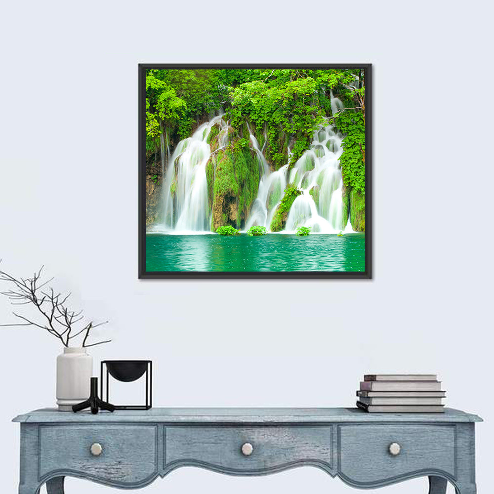 Plitvice Lakes Cascades Wall Art in a room, square