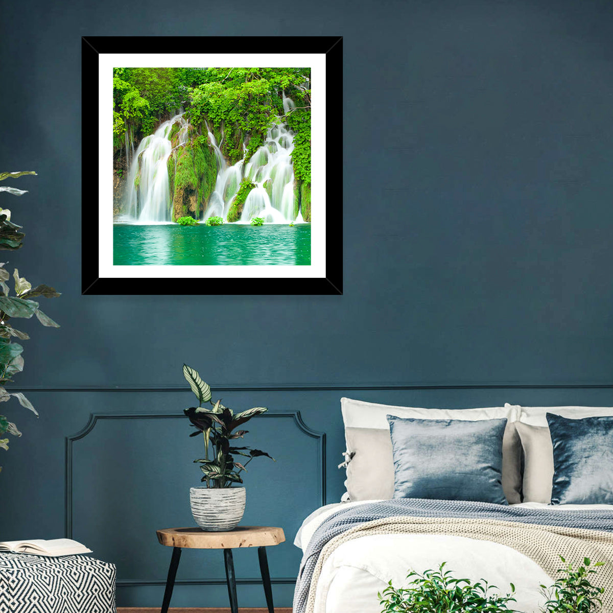Plitvice Lakes Cascades Wall Art in a room, square