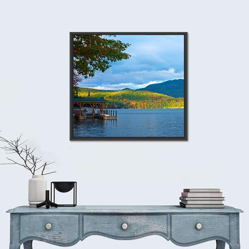 Lake George Boathouse in Autumn Wall Art in a room, square