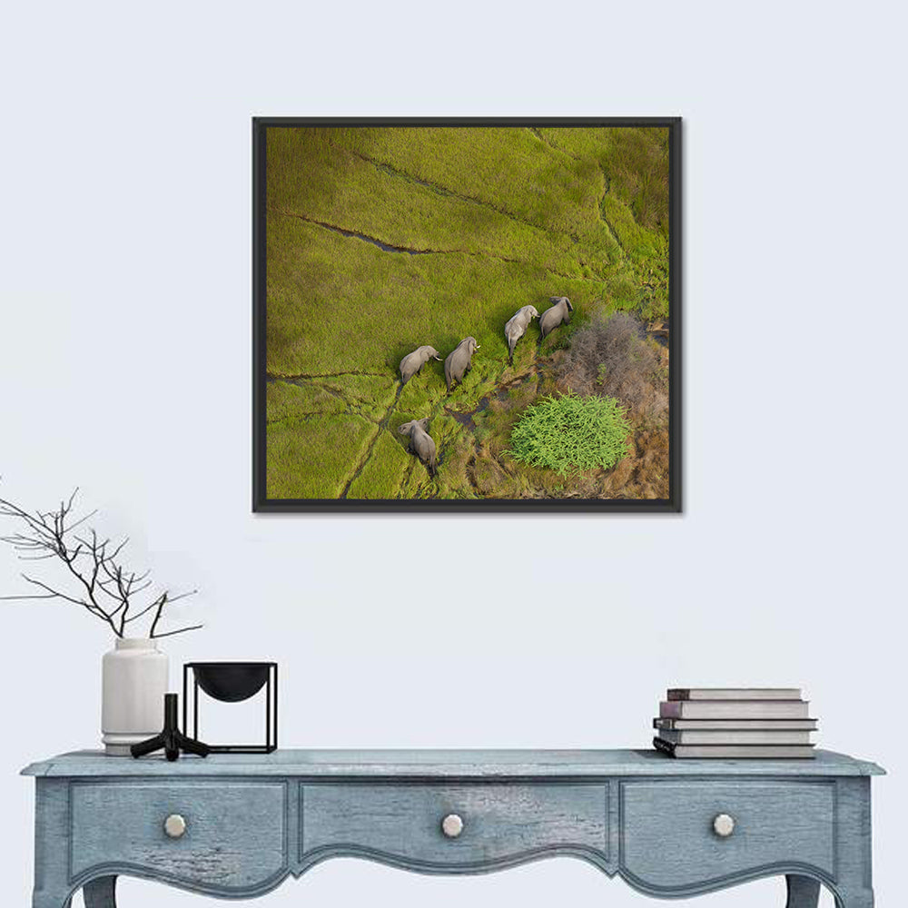 Aerial Herd of Elephants Wall Art in a room, square