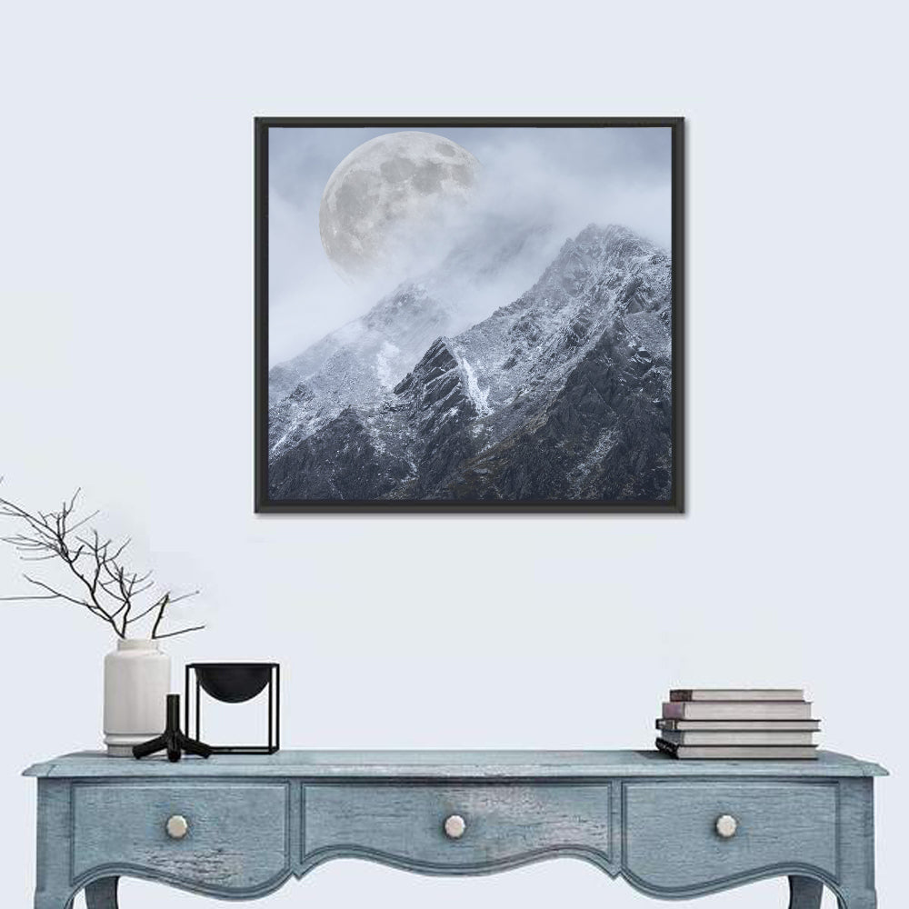 Supermoon Over Snow-capped Peaks Wall Art in a room, square