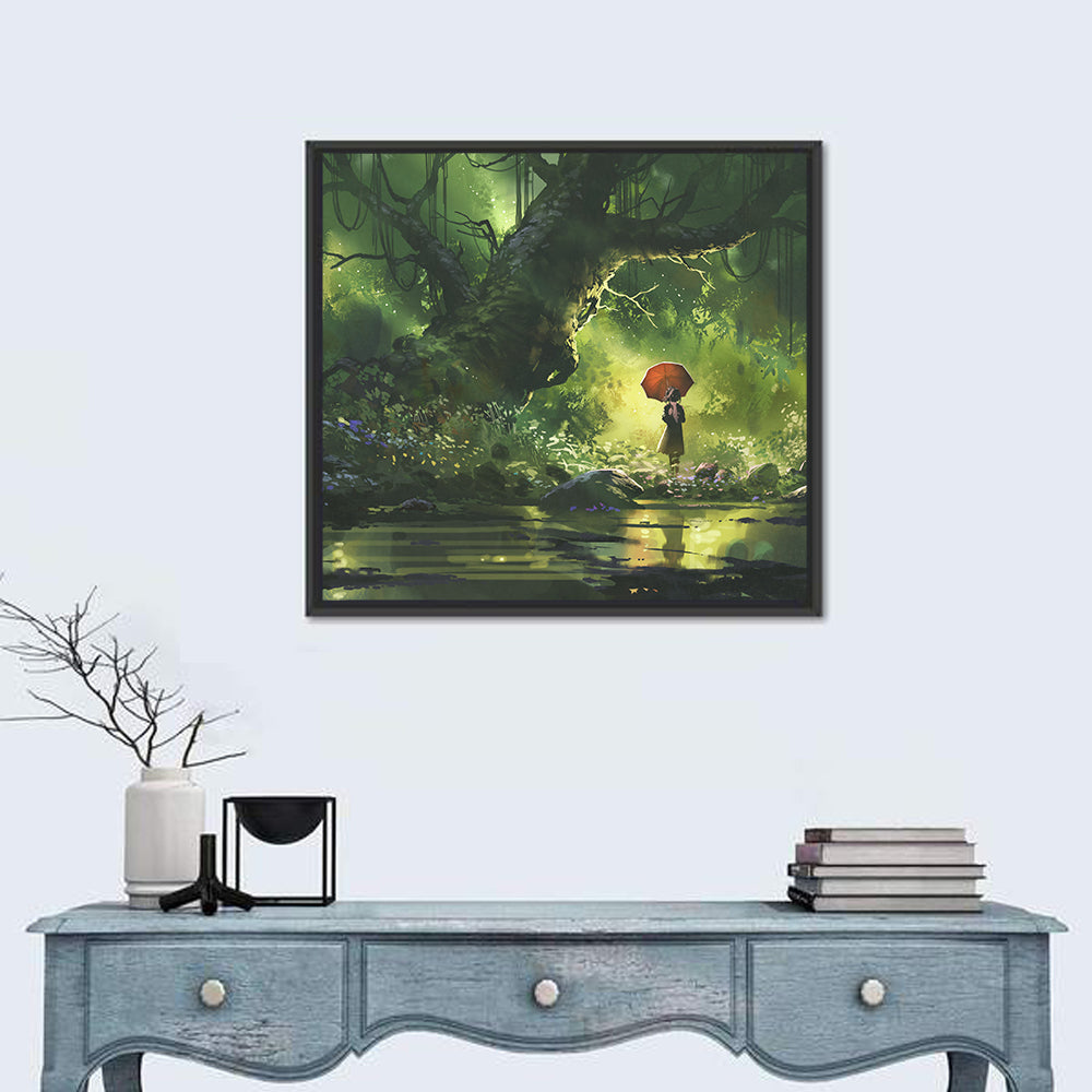 Girl with Umbrella in Mysterious Forest Wall Art