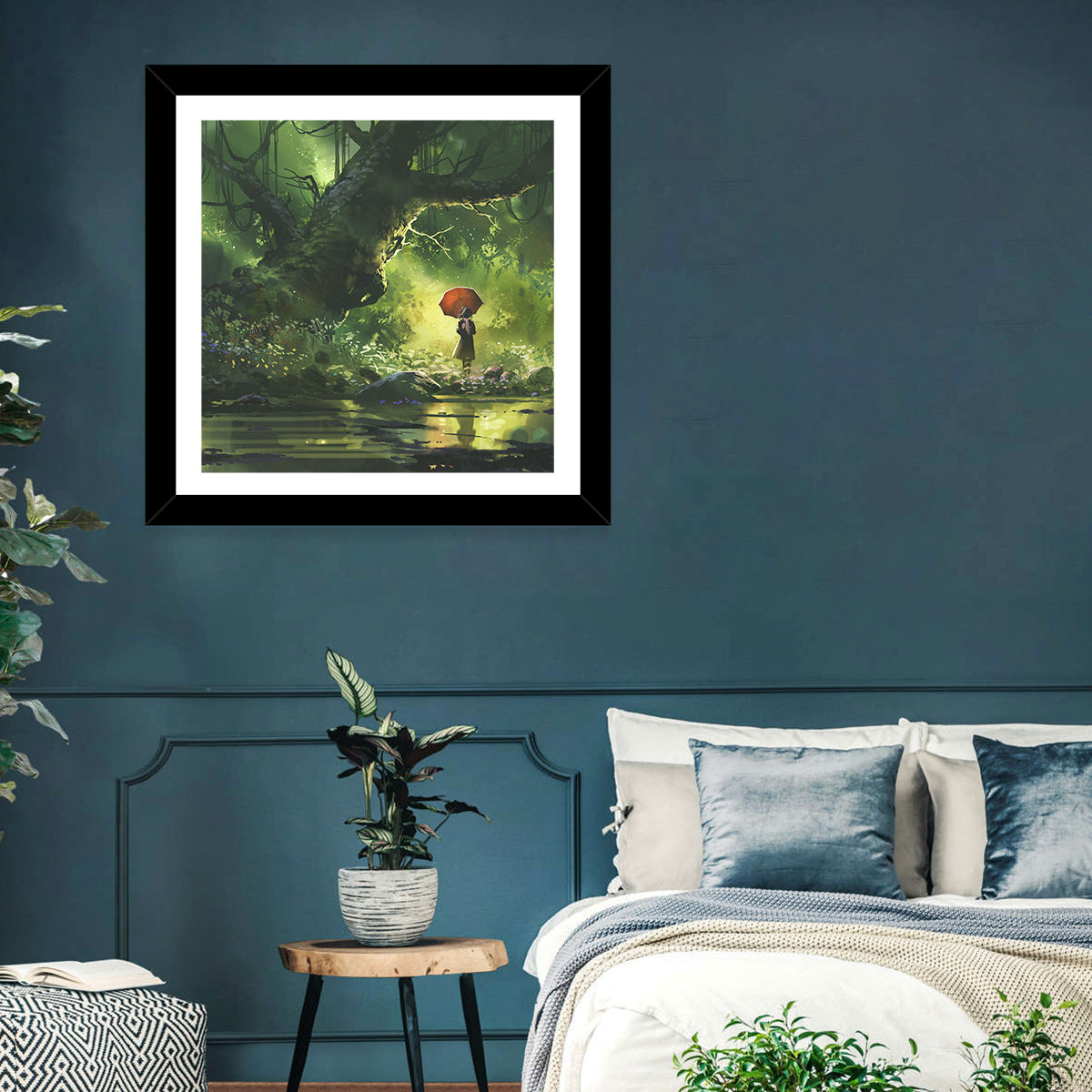 Girl with Umbrella in Mysterious Forest Wall Art in a room, square