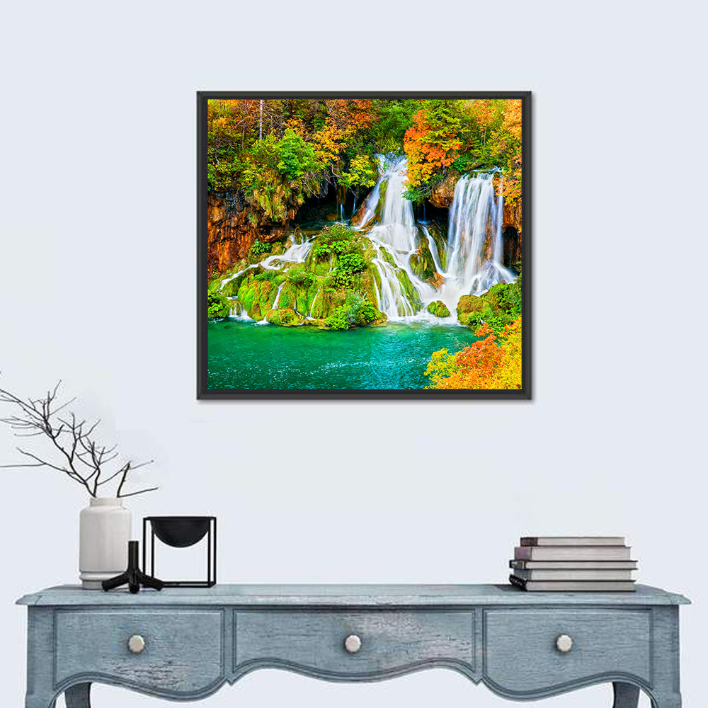 Plitvička Jezera Autumn Falls Wall Art in a room, square