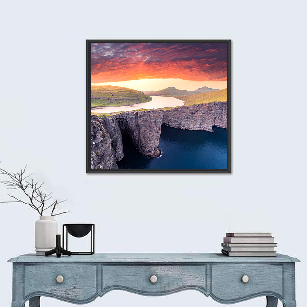 Sørvágsvatn Cliffside Dusk Wall Art in a room, square
