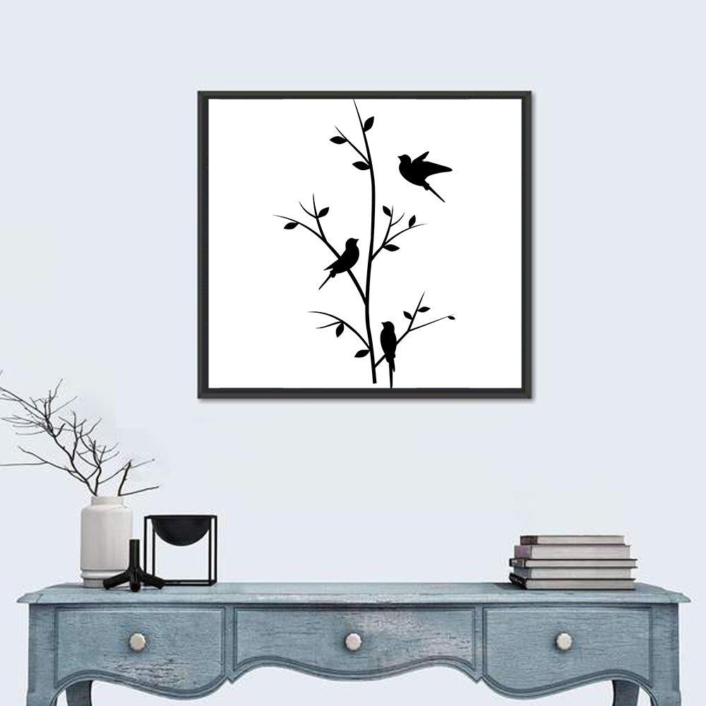 Three Birds on Branch Silhouette Wall Art in a room, square