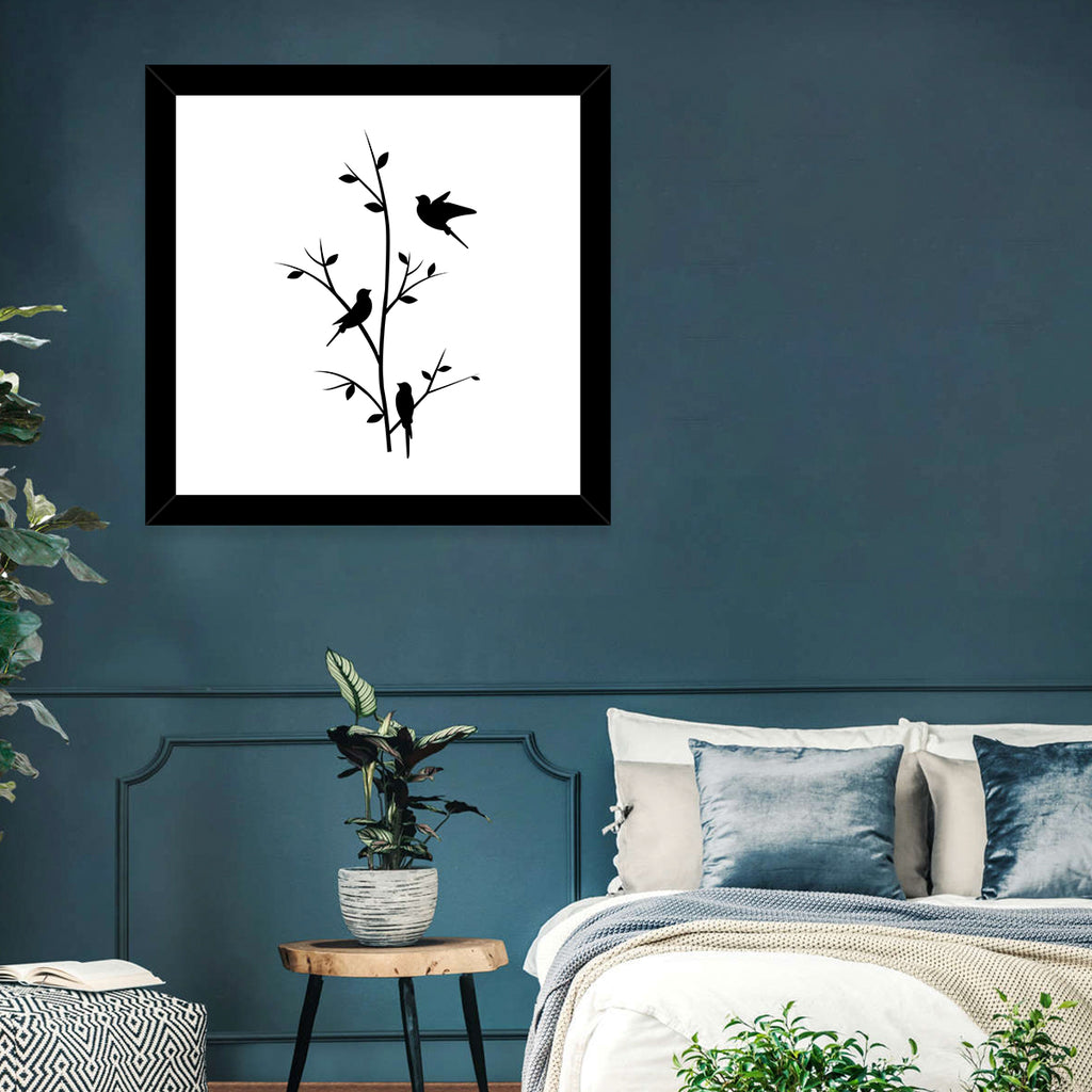 Three Birds on Branch Silhouette Wall Art