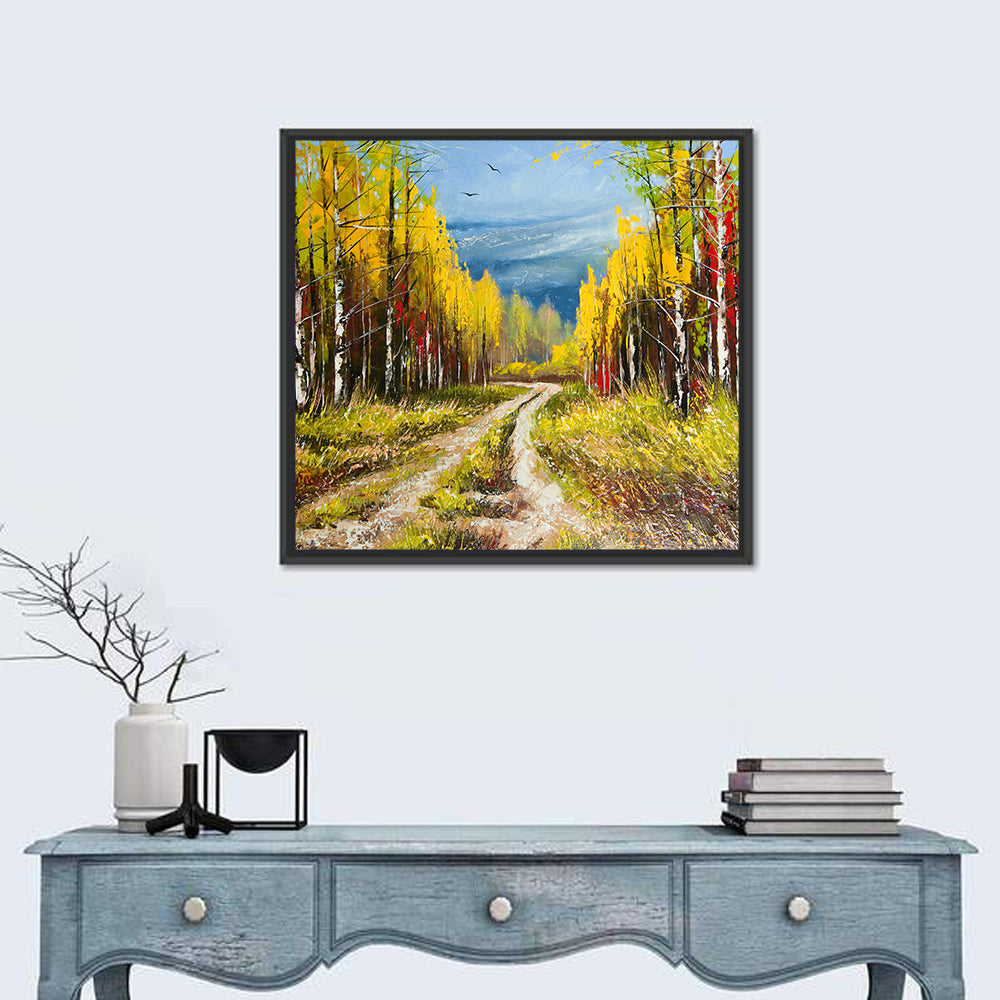 Autumn Birch Path with Two Birds Wall Art in a room, square