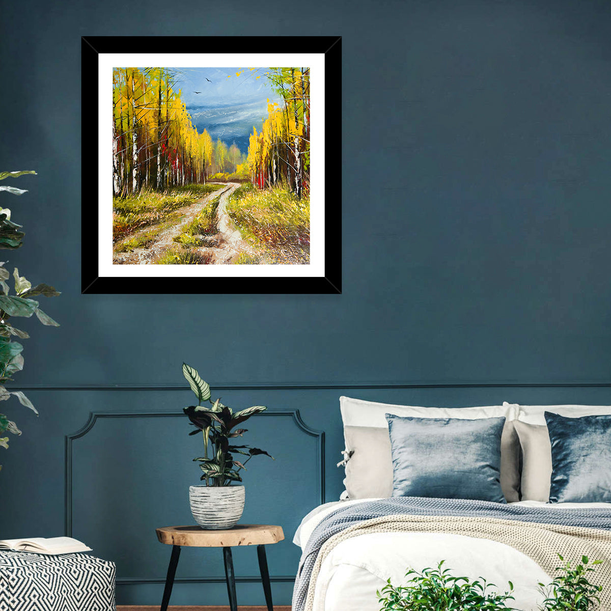 Autumn Birch Path with Two Birds Wall Art