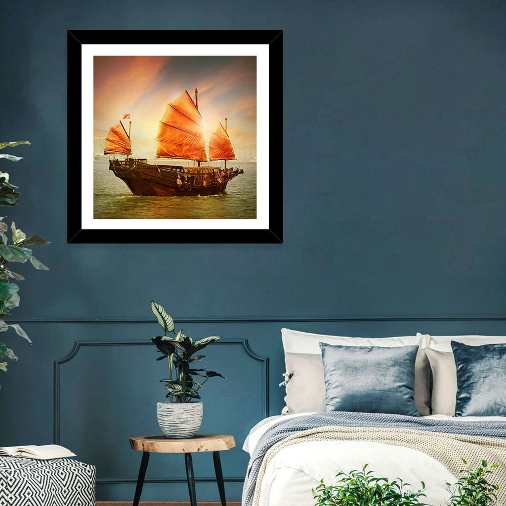 Red Sailed Junk at Victoria Harbour Wall Art
