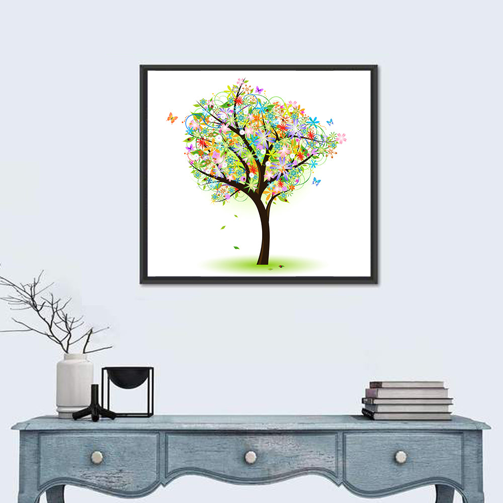 Whimsical Floral Tree Illustration Wall Art in a room, square
