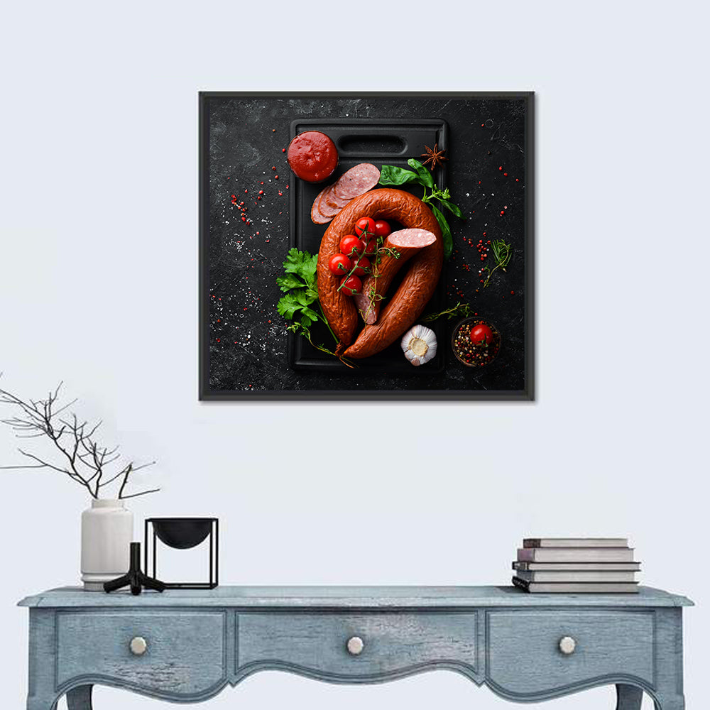 Sausage Ring on Black Cutting Board Wall Art in a room, square