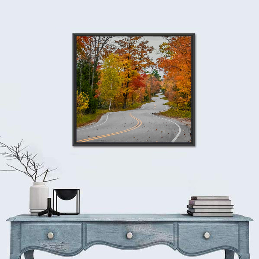 Winding Autumn Highway Wall Art in a room, square
