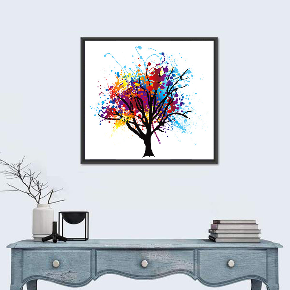 Abstract Splatter Tree Wall Art in a room, square