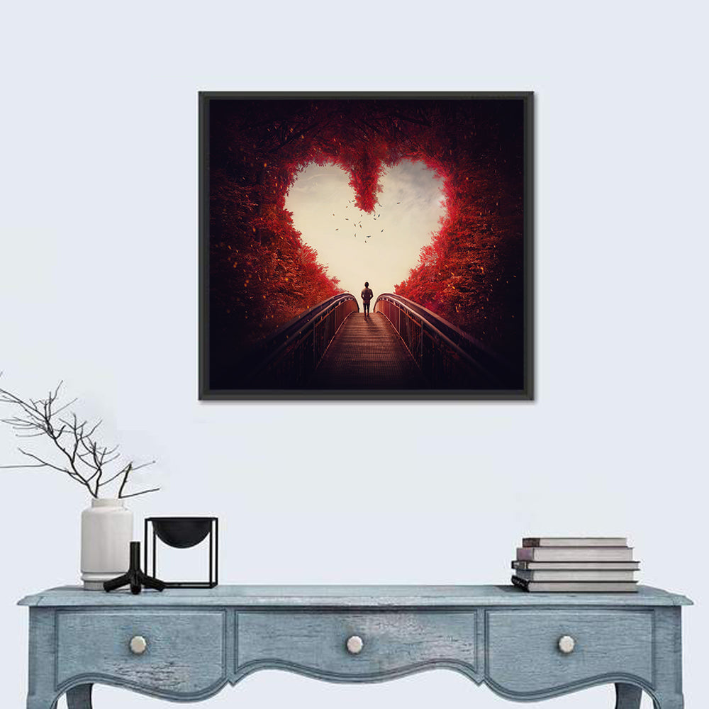 Heart Shaped Forest Path Wall Art in a room, square